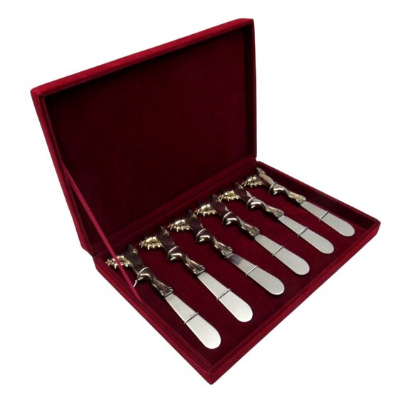 REINDEER Silver-Plated Butter Knives Cheese Spreaders in Red Velvet Case Vintage - Picture 7 of 10